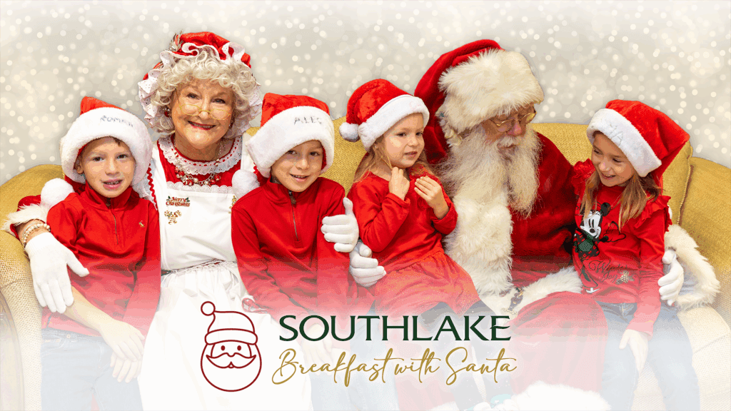 Mrs. Claus and Santa sit on a couch with four children wearing red shirts and Santa hats, all smiling and posing for a holiday photo. The text reads "Southlake Breakfast with Santa.