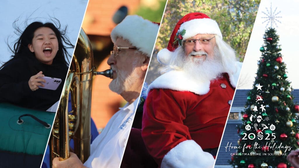 A collage with a girl snow tubing, a man in a Santa hat playing tuba, Santa Claus smiling, and a decorated Christmas tree with "2025 Home for the Holidays Christmastime in Southlake" text overlay.