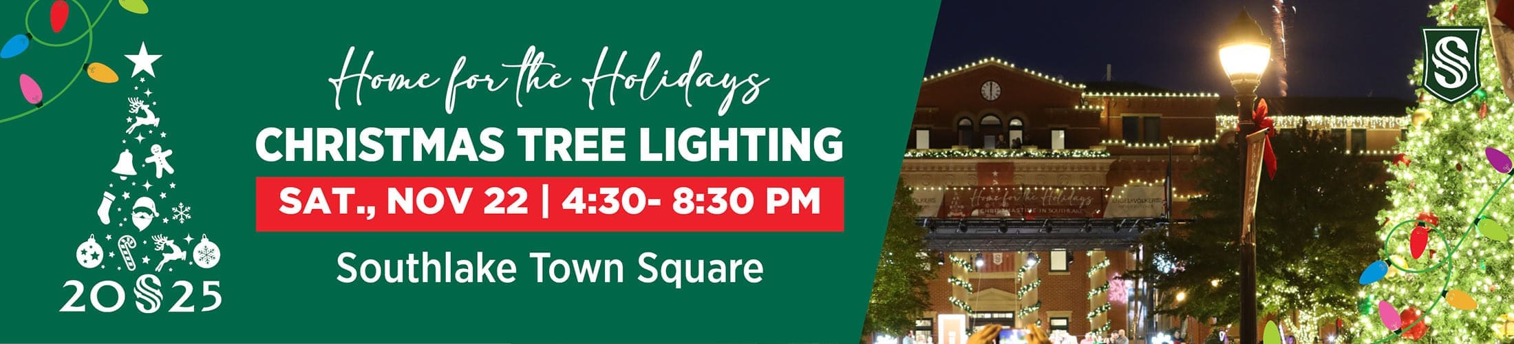 A festive banner invites people to the "Christmas Tree Lighting" on Saturday, Nov 22, from 4:30 to 8:30 PM at Southlake Town Square, featuring holiday decorations, lights, and a Christmas tree graphic.