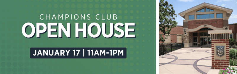 Champions Club Open House announcement with date and time: January 17, 11 AM to 1 PM. On the right, there is a photo of the Champions Club building entrance on a sunny day.