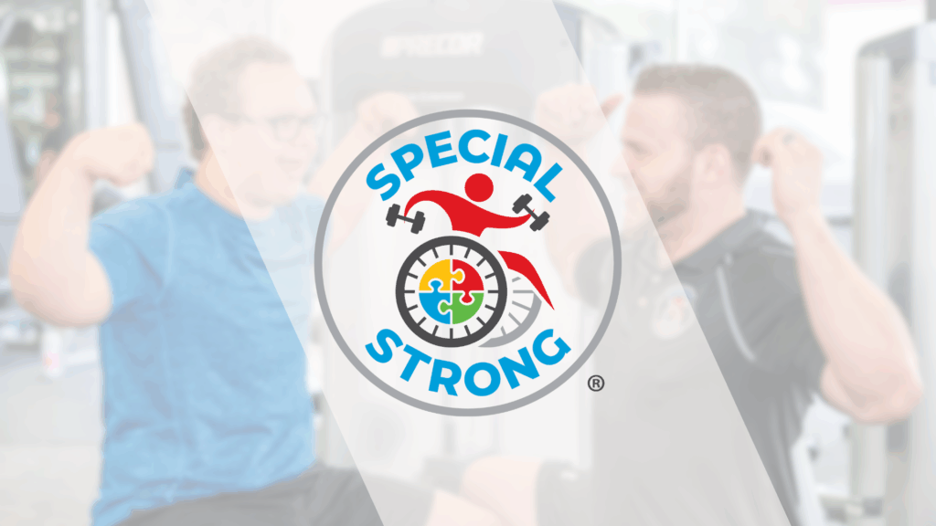Two men facing each other in a gym flex their arms. The "Special Strong" logo, featuring a person flexing in a wheelchair with a puzzle piece wheel, is centered and prominent over the image.