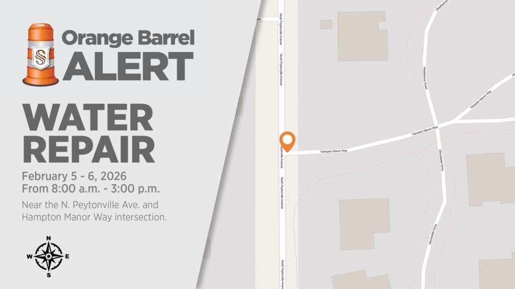 A notice with an orange barrel icon announces a water repair alert for February 5–6, 2026, from 8 a.m. to 3 p.m. near the intersection of N. Peytonville Ave. and Hampton Manor Way, shown on a nearby map.