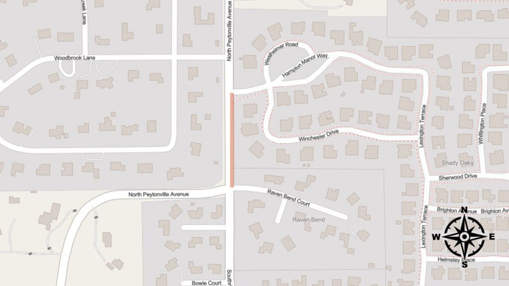 A map shows a residential area with labeled streets, including North Peytonville Avenue, Winchester Drive, and Brighton Avenue. Houses are depicted, and a compass rose indicating north is in the lower right corner.