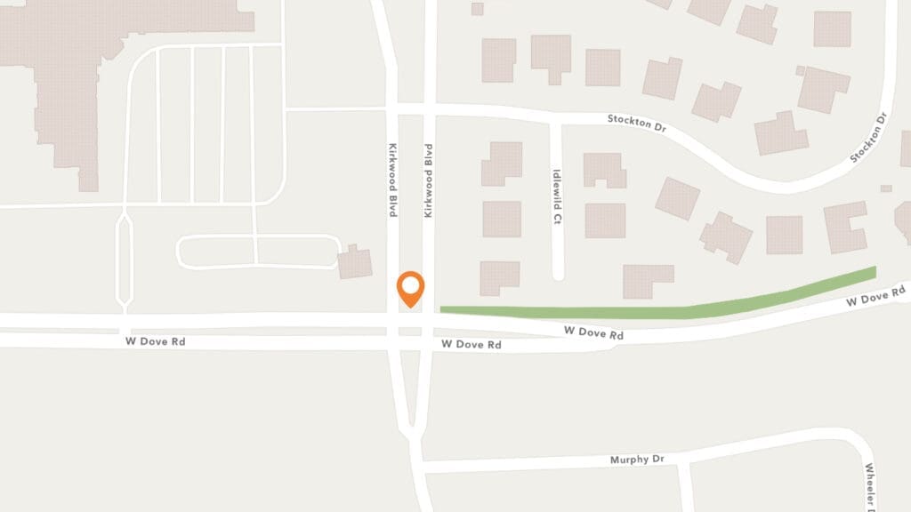 Map showing the intersection of Kirkwood Blvd and W Dove Rd, with an orange location pin marking the spot. Nearby roads include Idlewild Ct, Stockton Dr, Strahan Dr, and Murphy Dr.