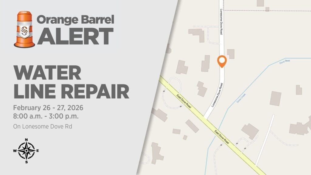 Orange Barrel Alert for water line repair on Lonesome Dove Rd, February 26–27, 2026, 8:00 a.m.–3:00 p.m. Includes a map with a marked location and compass rose.