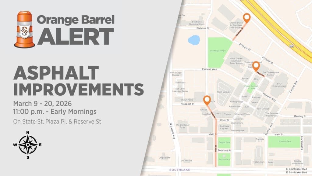 Map showing roadwork locations for asphalt improvements on State St, Plaza Pl, and Reserve St. Text announces construction from March 9-20, 2026, 11 p.m. to early mornings, with an orange barrel and compass shown.