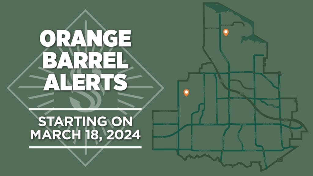 A graphic with the text “Orange Barrel Alerts Starting on March 18, 2024” next to a map marked with two orange location pins, indicating roadwork or construction zones.