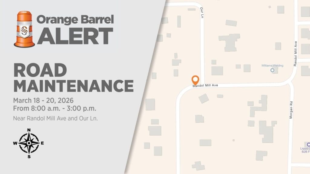 Road maintenance alert for Randol Mill Ave and Our Ln, March 18-20, 2026, from 8:00 a.m. to 3:00 p.m.; map highlights affected area with roads and nearby buildings.