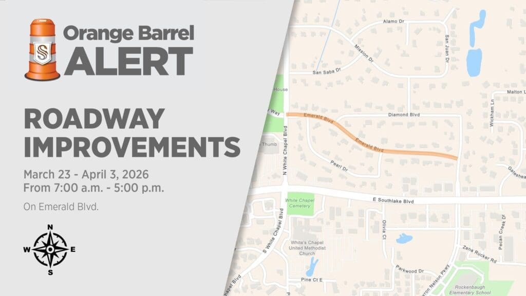 A notice showing "Orange Barrel Alert: Roadway Improvements, March 23–April 5, 2026, 7:00 a.m.–5:00 p.m. on Emerald Blvd." with a map highlighting the affected section of the road.