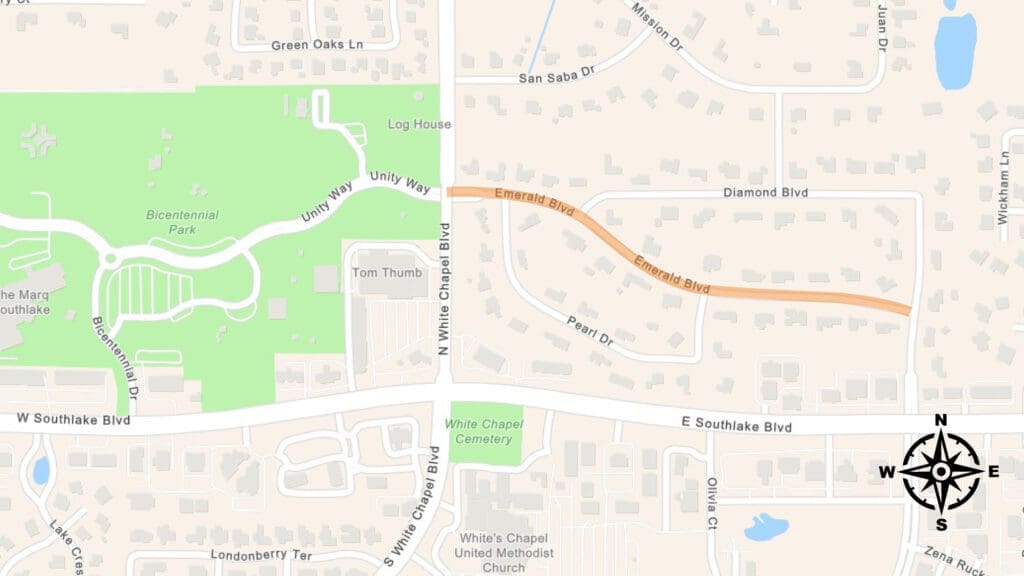A map showing a section of Southlake, Texas, with Emerald Blvd and Diamond Blvd highlighted, nearby Bicentennial Park, White Chapel Blvd, and E Southlake Blvd, along with various residential streets and landmarks.