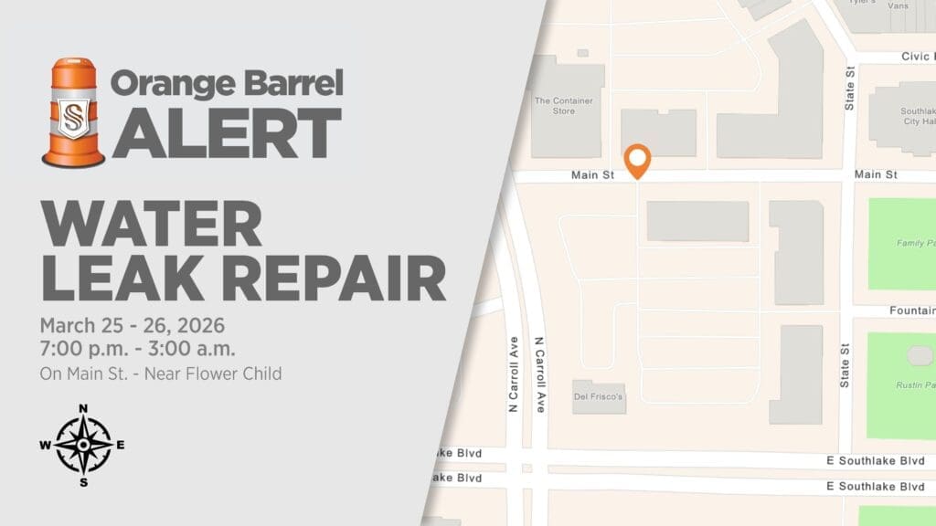 Alert notice for water leak repair on Main St, near Flower Child, with map showing the location. Repair scheduled for March 25–26, 7:00 p.m.–3:00 a.m. Streets and landmarks are labeled.