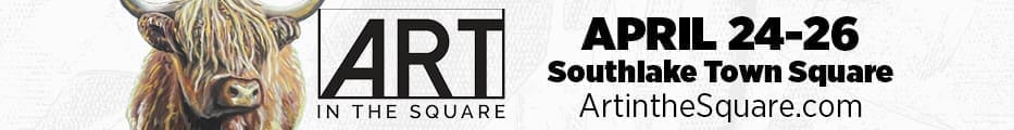 Banner for “Art in the Square” at Southlake Town Square, featuring a highland cow on the left and event dates, April 24–26, with the website ArtintheSquare.com on the right.