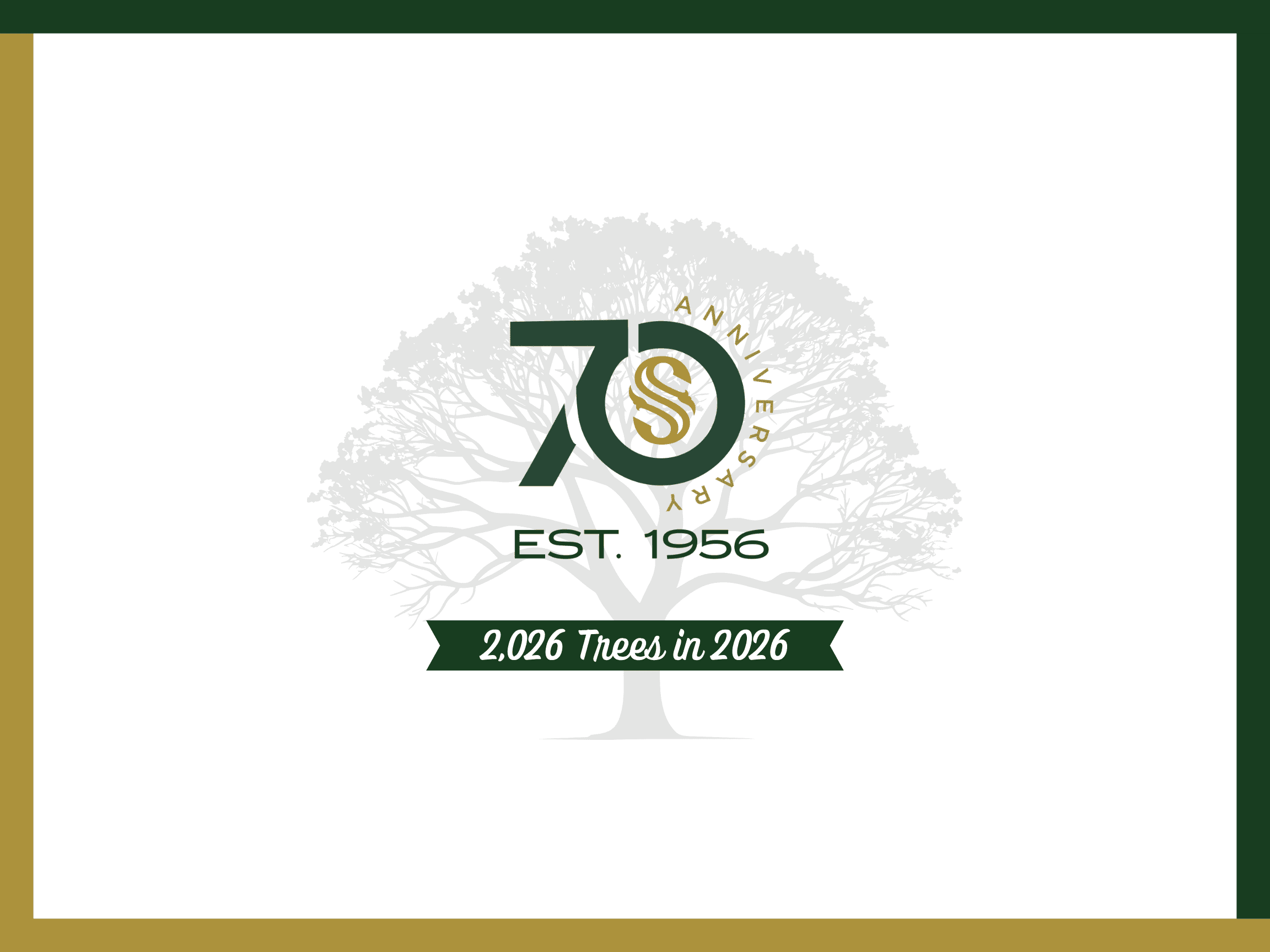 Logo for a 70th anniversary established in 1956, featuring a large "70" with a tree in the background and the words "2,026 Trees in 2026" on a green ribbon.