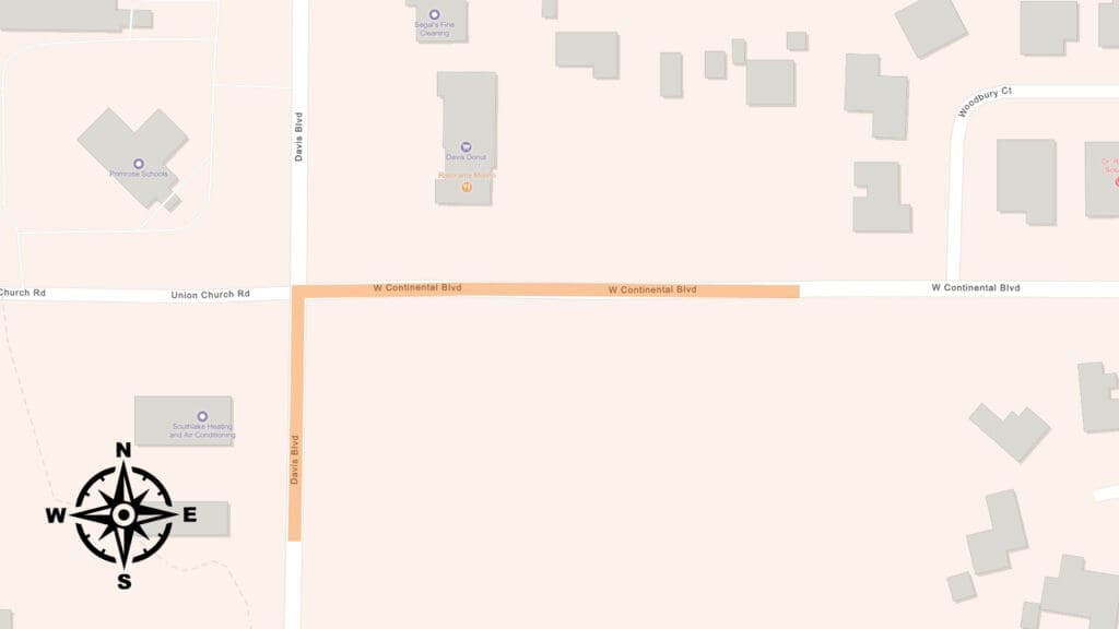A map showing the intersection of Union Church Rd, Dove Rd, and W Continental Blvd with surrounding buildings, street names, and a compass rose indicating north, south, east, and west directions.