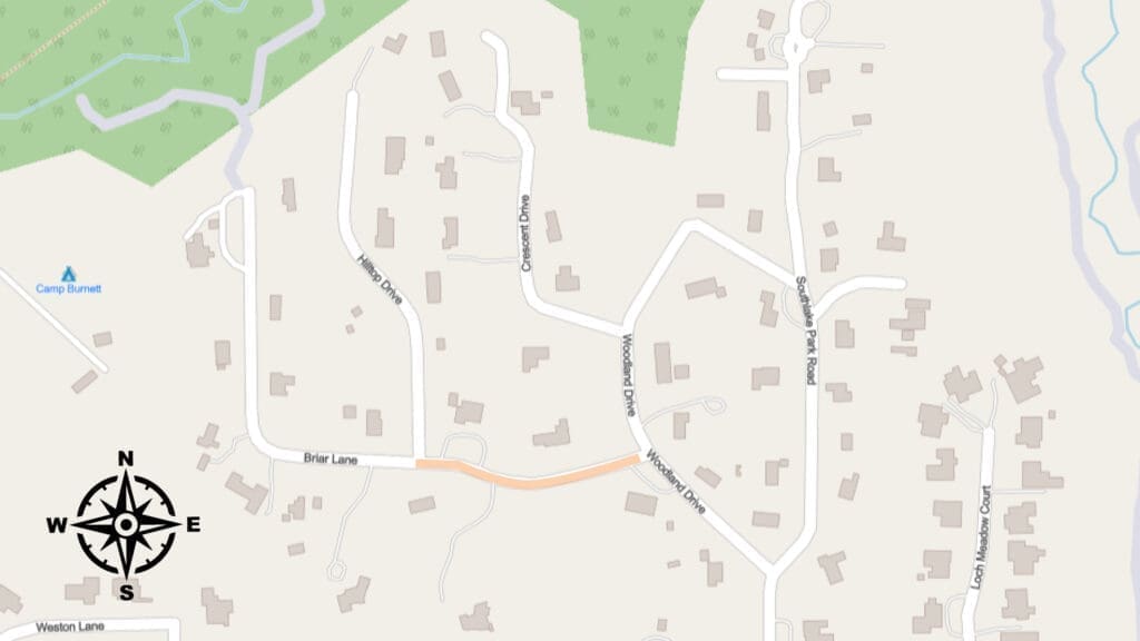 A map showing part of a residential area with Briar Lane highlighted in orange, intersecting with Valley Drive. Several houses, green areas, and streets labeled with names such as Crestwood Drive and South Park Road are visible.