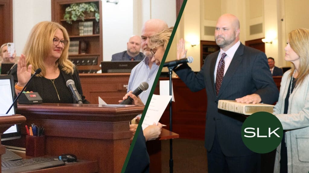 Two people are each being sworn in at separate ceremonies in a courtroom, holding up their right hands. In both scenes, officials hold papers and stand by, and a microphone is visible at the podium. The SLK logo appears at the bottom right.