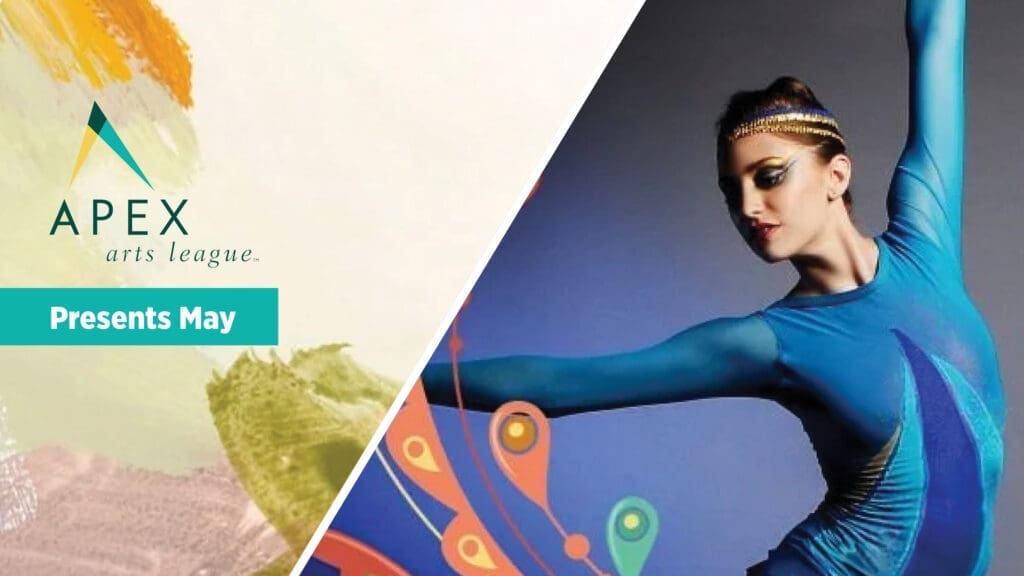 A promotional banner for Apex Arts League features their logo on the left and a dancer in a blue costume with a peacock design on the right, along with text reading "Presents May.