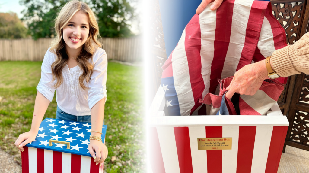 A smiling young woman stands outdoors with a patriotic box decorated in stars and stripes; on the right, a close-up shows hands placing a folded American flag into the box with a commemorative plaque on the front.
