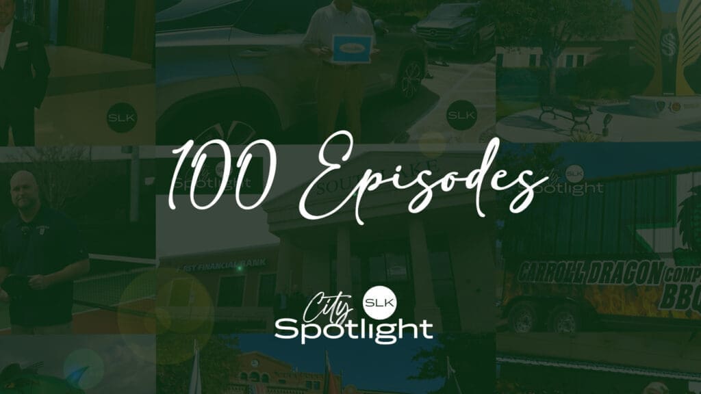 A green collage background with various city and community images overlaid by white cursive text reading "100 Episodes" and the logo "City Spotlight SLK" at the bottom.