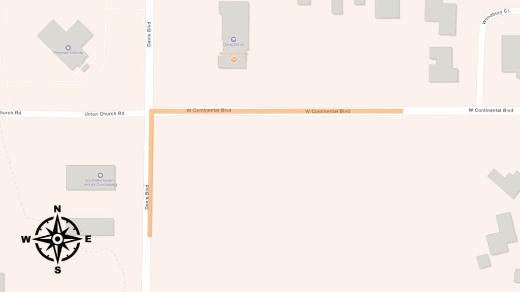 Map showing the intersection of N Main St and W Continental Blvd, with nearby labeled locations including a church and a school. A compass rose is in the bottom left corner.