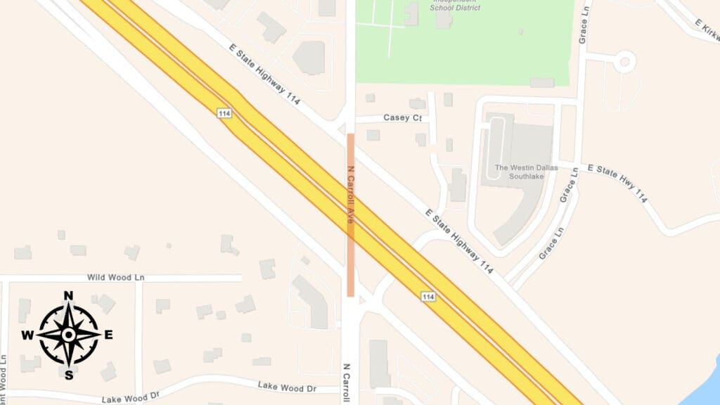 Map showing the intersection of N Carroll Ave and E State Highway 114, with surrounding roads, buildings, and a compass rose indicating directions. The Westin Dallas Southlake and nearby streets are visible.
