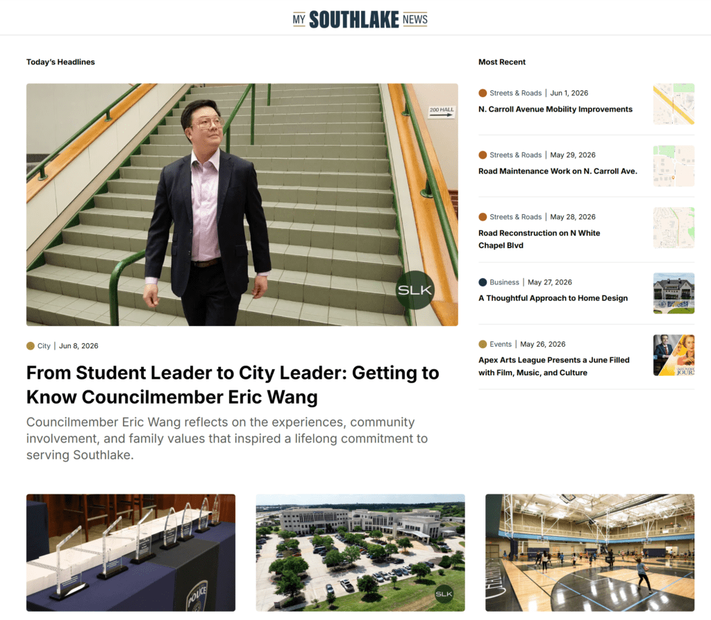 Screenshot of a news website featuring a main article about Councilmember Eric Wang, shown walking up stairs in a suit. The page also displays recent headlines and images of city events and public spaces.