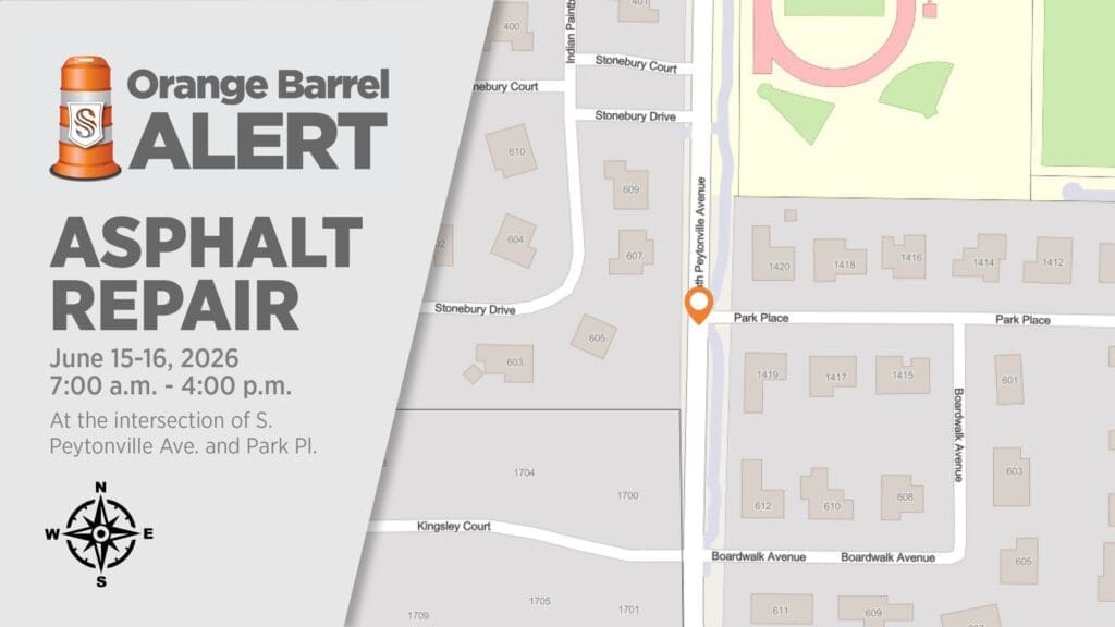 Map with an “Orange Barrel Alert” for asphalt repair at S. Peytonville Ave. and Park Pl. in June 2026, 7:00 a.m.–4:00 p.m. The location is marked with an orange pin; nearby streets are labeled.