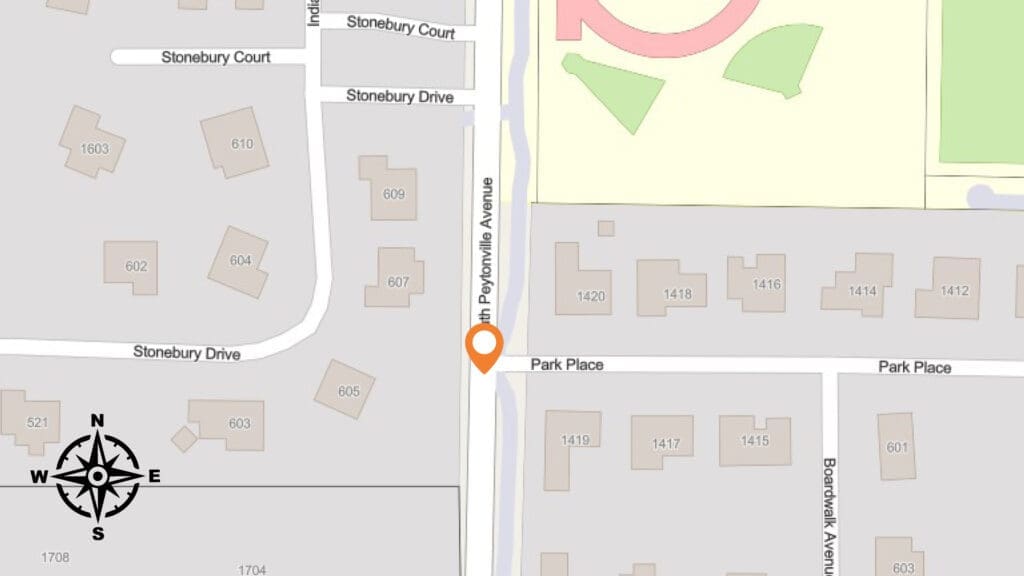 Map showing the intersection of Stonebury Drive and Pryothville Avenue, with a location pin on Pryothville Avenue. Nearby streets include Stonebury Court, Park Place, and Boardwalk Avenue. Compass rose at bottom left.