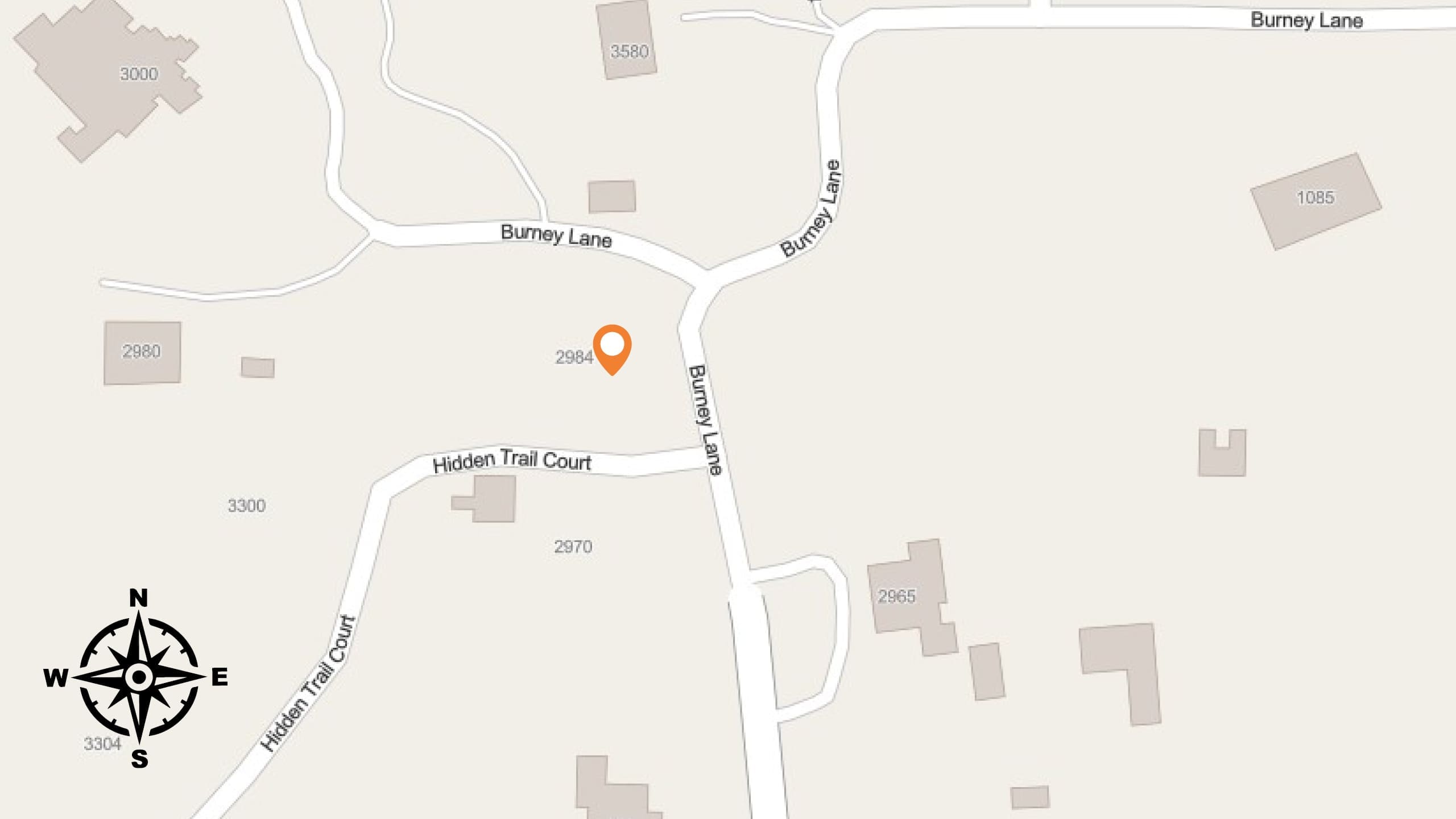 A map shows Burney Lane, Hidden Trail Court, and surrounding roads with several labeled buildings. An orange location pin marks the address 2984 Burney Lane. A compass rose is in the lower left corner.