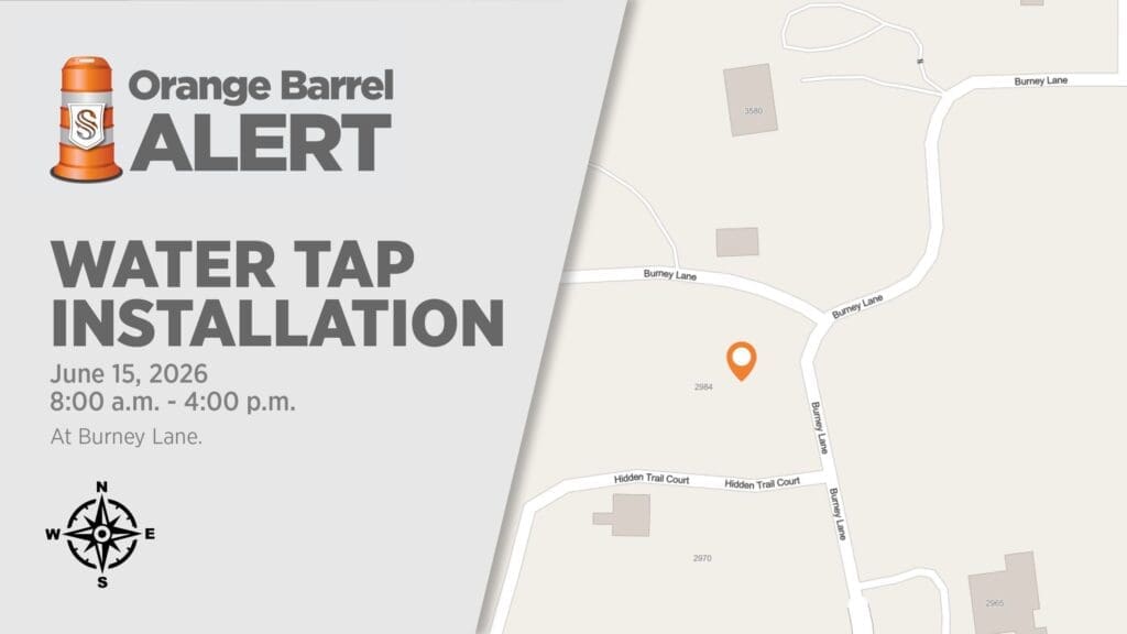 Alert for water tap installation on June 15, 2026, from 8 a.m. to 4 p.m. at Burney Lane, with a map highlighting the location and directions. Compass rose shown at bottom left.