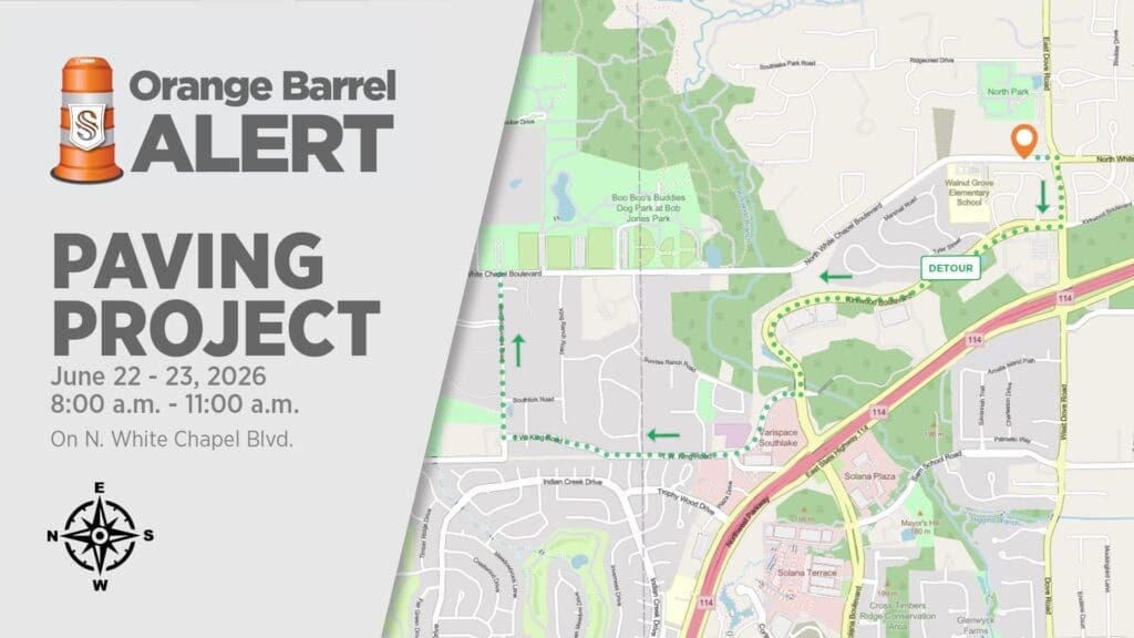 Map with "Orange Barrel Alert: Paving Project" notice for June 22-23, 2026, 8–11 a.m. on N. White Chapel Blvd. A detour is marked in green through nearby streets. Compass rose in lower left corner.