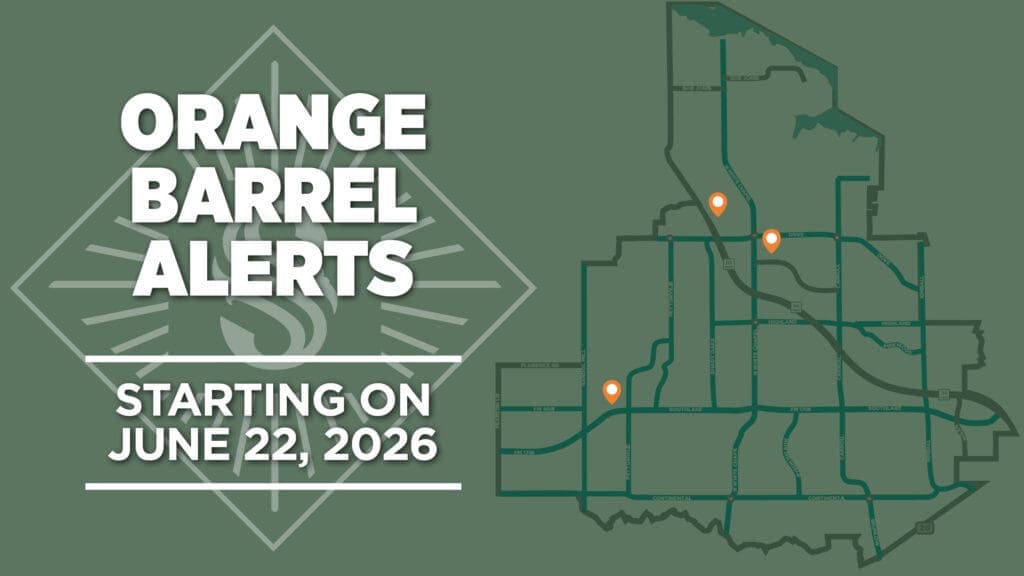 Graphic with the text "Orange Barrel Alerts Starting on June 22, 2026" beside a map marked with four orange location pins indicating construction zones.