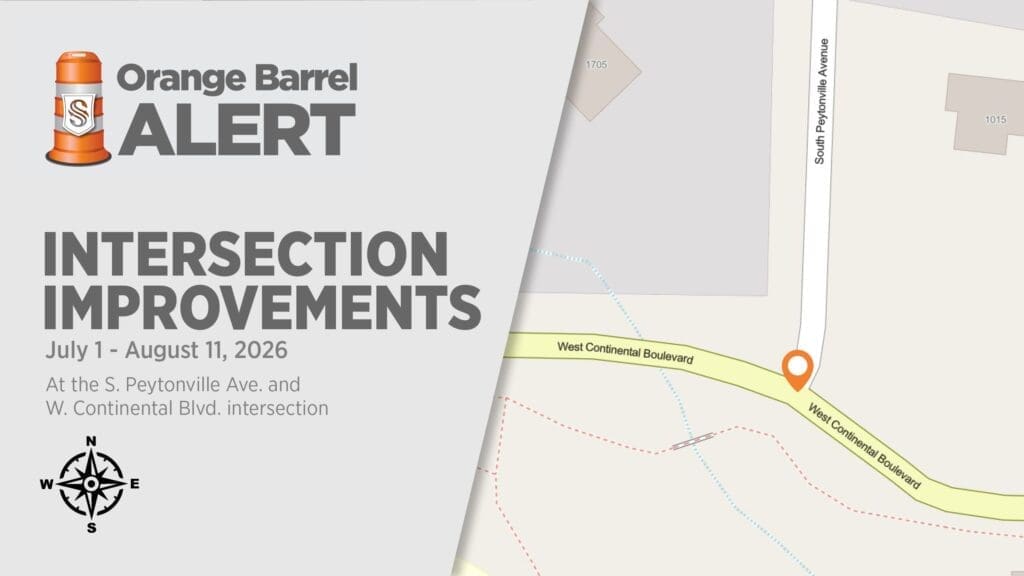 A road construction alert for intersection improvements at S. Peytonville Ave. and W. Continental Blvd. from July 1 to August 11, 2026, overlaid on a map showing the intersection’s location.