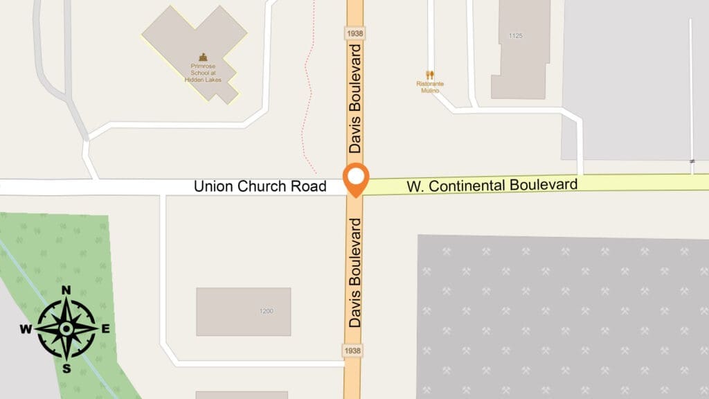 Map showing the intersection of Davis Boulevard, Union Church Road, and W. Continental Boulevard. Nearby landmarks include a school, a compass rose, and several buildings and roads.