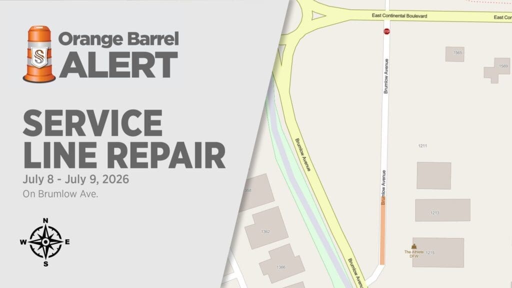 Map showing Brumlow Ave. closed for service line repair from July 8–9, 2026. "Orange Barrel Alert" is written on the left, with closure marked on the right. Compass rose in lower left corner.