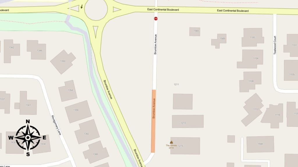 A map showing Broughton Avenue running north-south between East Continental Boulevard and a roundabout with West Bridge Avenue in Southlake, Texas. Nearby buildings and a compass rose are visible.