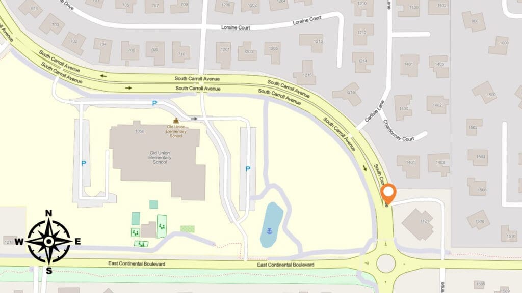 Map shows Old Union Elementary School, parking areas, and surrounding streets including South Carroll Avenue and East Continental Boulevard. A location is marked with an orange pin near 1105 South Carroll Avenue. Compass rose at lower left.