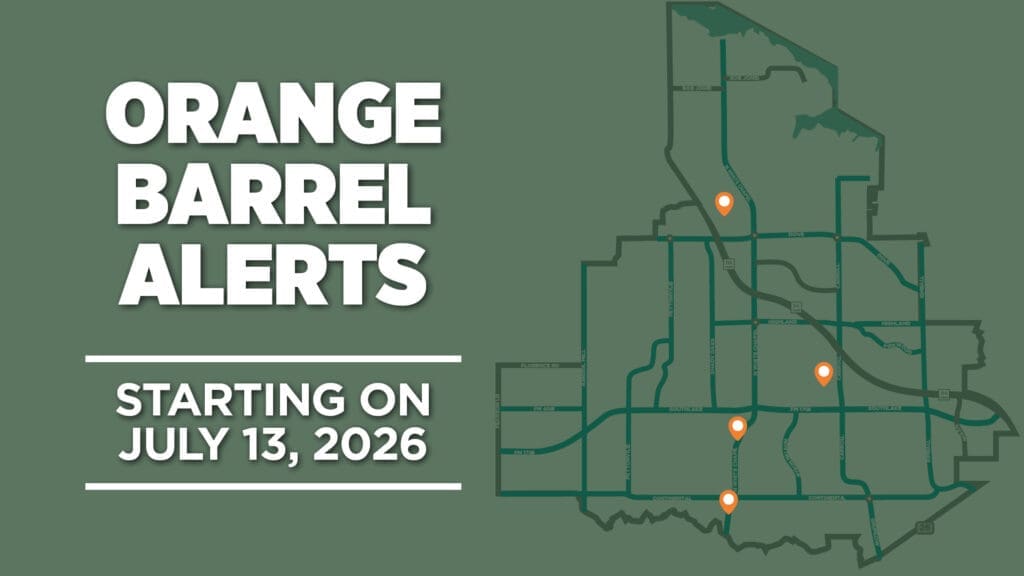 A map with orange location markers and the text "Orange Barrel Alerts Starting on July 13, 2026" indicating upcoming roadwork or construction in a specific region.